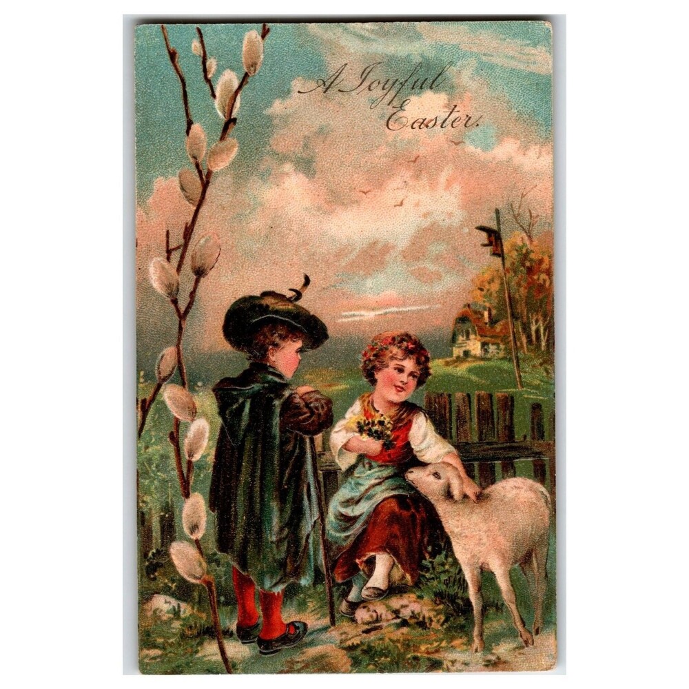Vintage Embossed Willow Easter Postcard Children Lamb Printed Germany